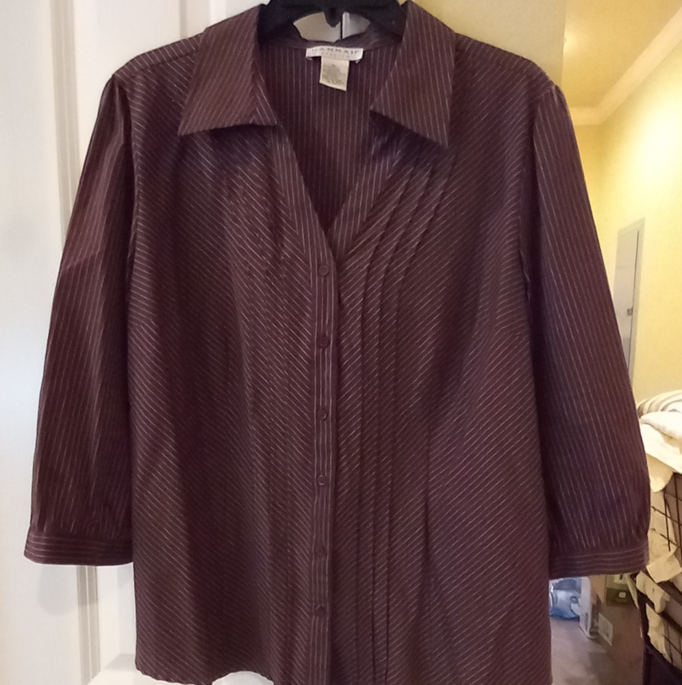 Hannah Stretch XL button up brown pin stripe blouse